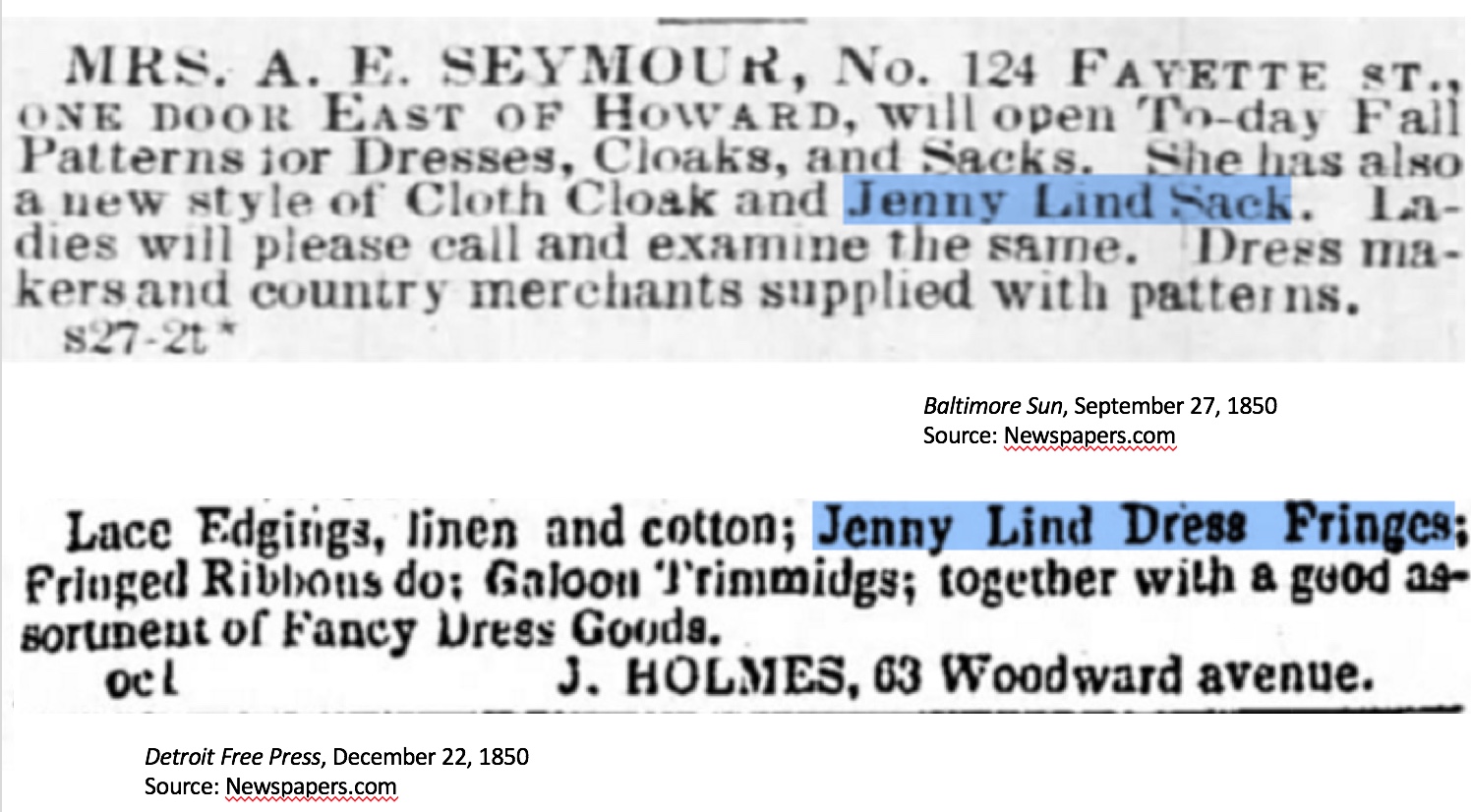 Jenny Lind Sack Adverisements