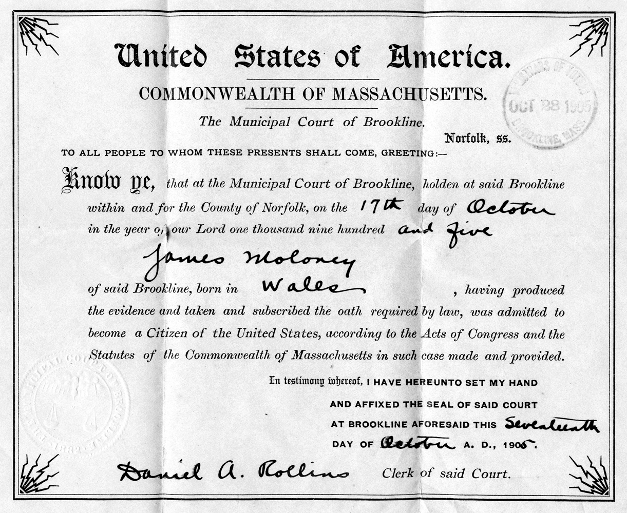 James Moloney Citizenship, 1905